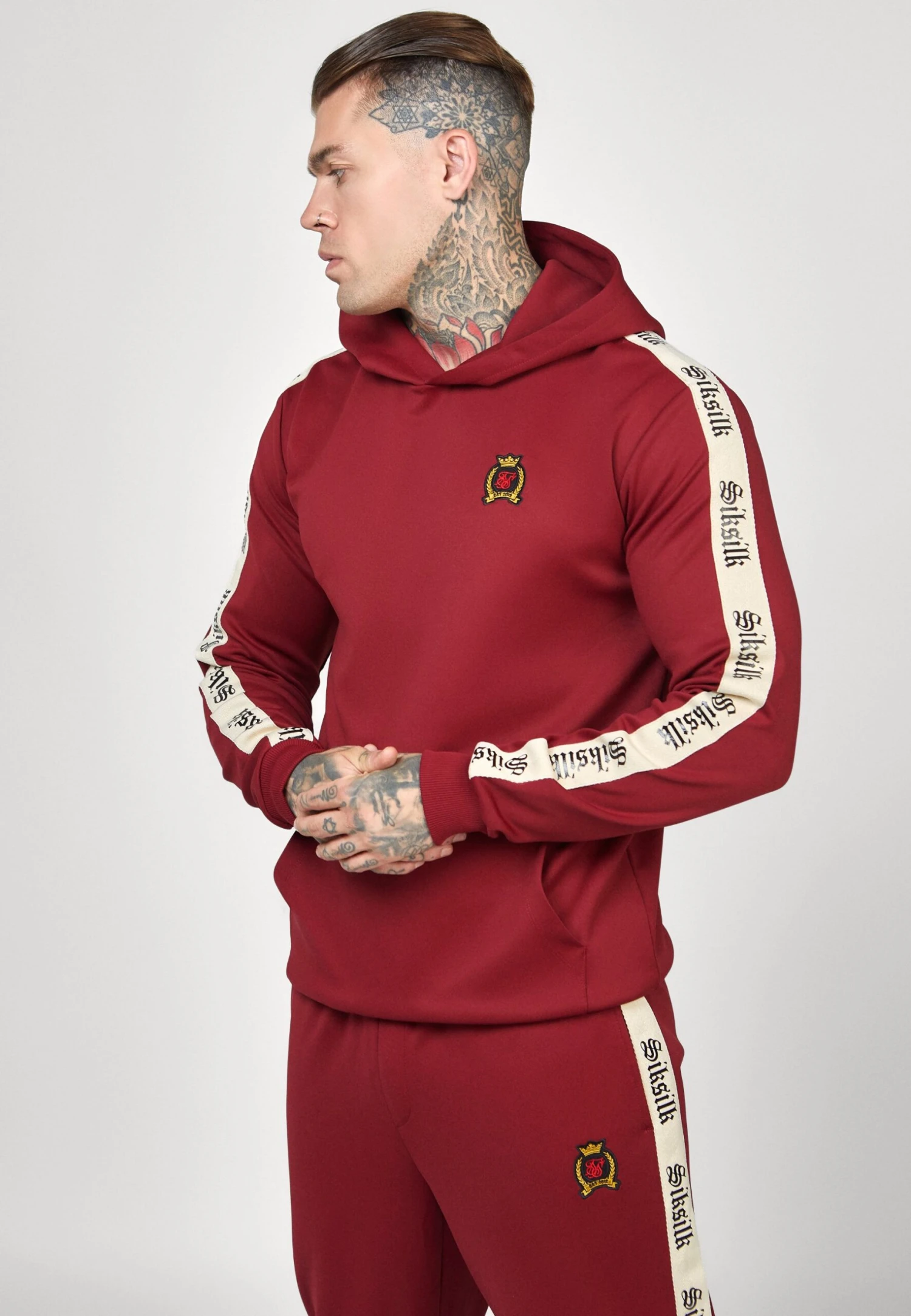 SikSilk Hoodie With Gothic Side Tape - Longsleeve - Burgundy 1 SikSilk Hoodie With Gothic Side Tape - Longsleeve - Burgundy